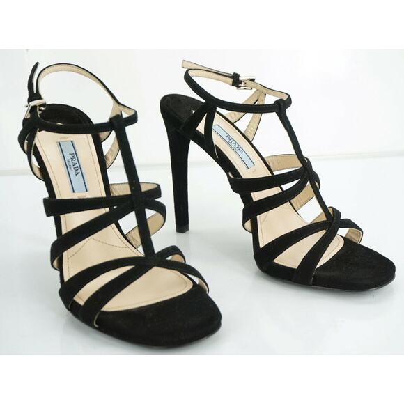 Prada Strappy Black Suede Strappy High Heel Cage Sandals Ankle Strap - Picture 8 of 10